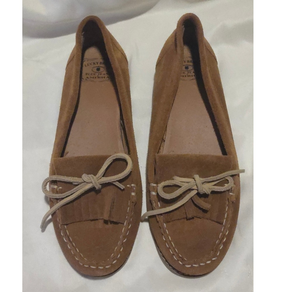 Lucky Brand Brown Suede Kiltie Fringe Moccasin Loafers Bow Detail Womens 9 9